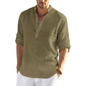 Men's Green Cotton Linen Henley Shirt Long Sleeve Hippie Casual Beach T Shirts
